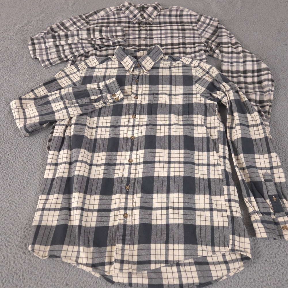 LOT OF 2 Eddie Bauer Shirt Mens L Tall Grey White Plaid Cotton Flannel Button